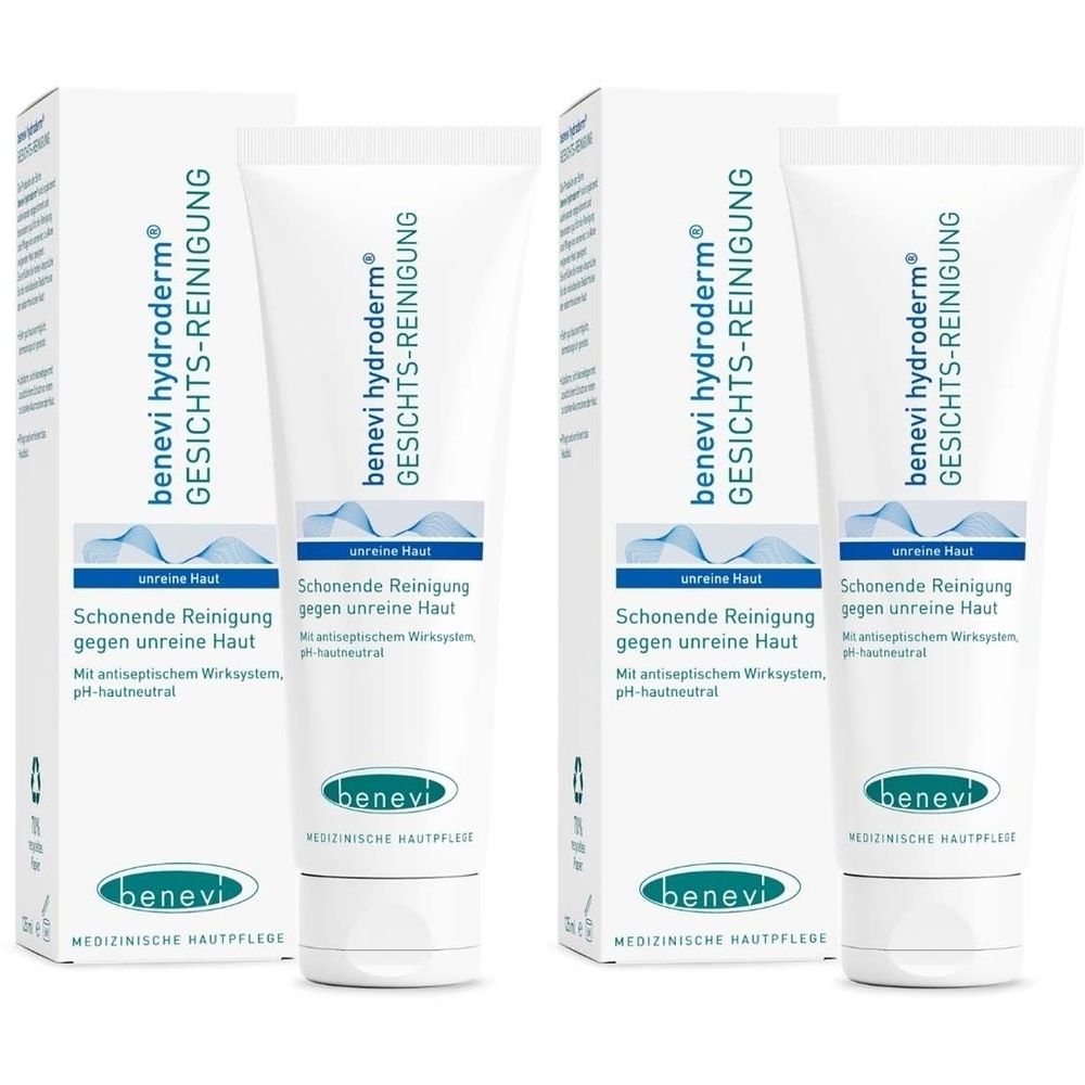 Mehrere Tuben und Faltschachteln. Aufschrift: benevi hydroderm GESICHTS-REINIGUNG. Produkt für unreine Haut. Medizinische Hautpflege.
