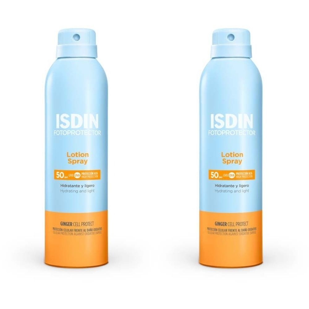 Zwei blaue Sprühflaschen mit weißer Aufschrift ISDIN Fotoprotector Lotion Spray 50. Unterer Teil orangefarben.
