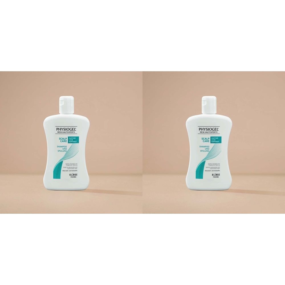 Zwei weiße Flaschen mit Klappverschluss. Aufschrift PHYSIOGEL, SCALP CARE, Shampoo und Spülung. Türkisfarbene Designelemente.