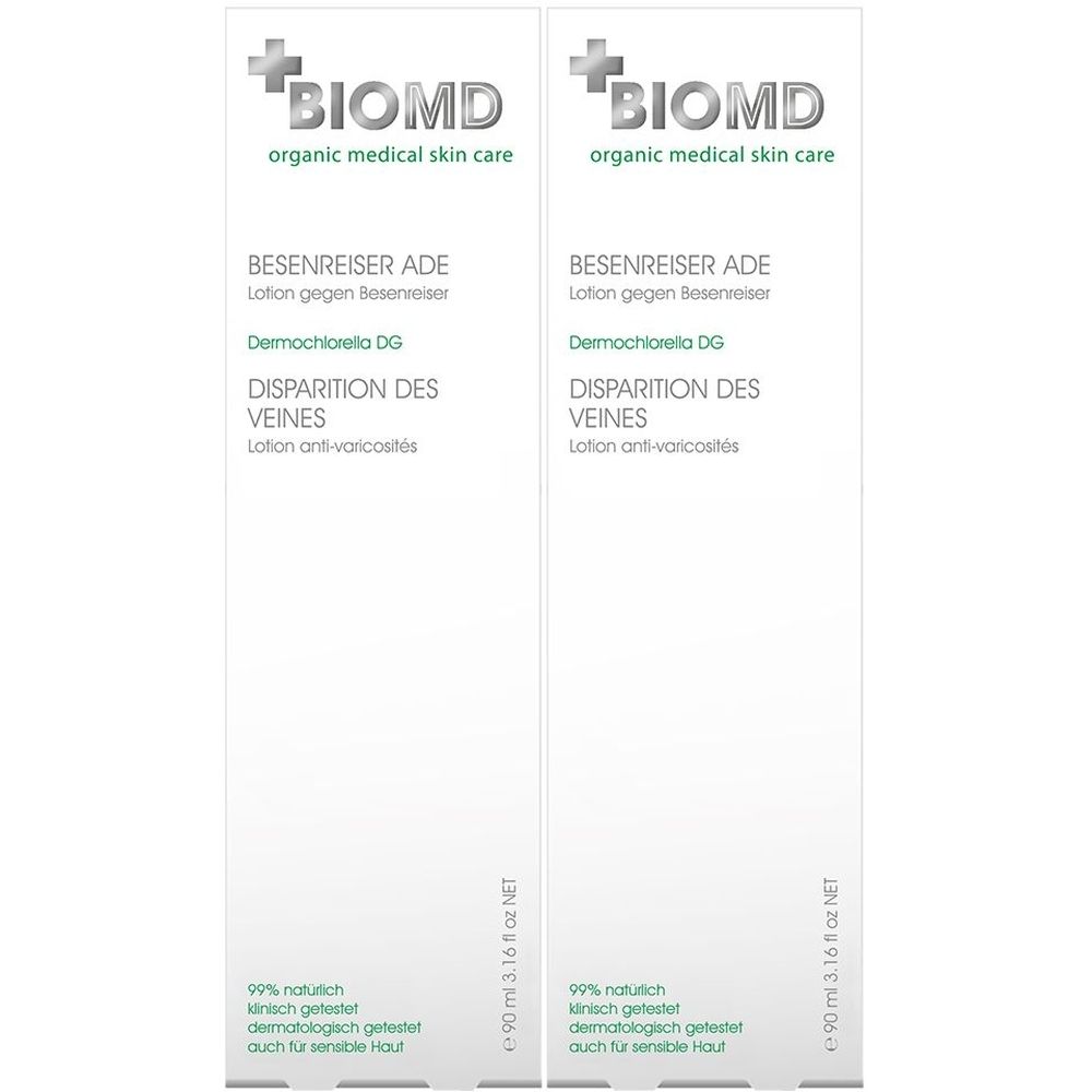 Zwei weiße Kartons mit Produktaufdruck. BIOMD-Logo, Produktname, und weitere Informationen in Deutsch und Französisch.