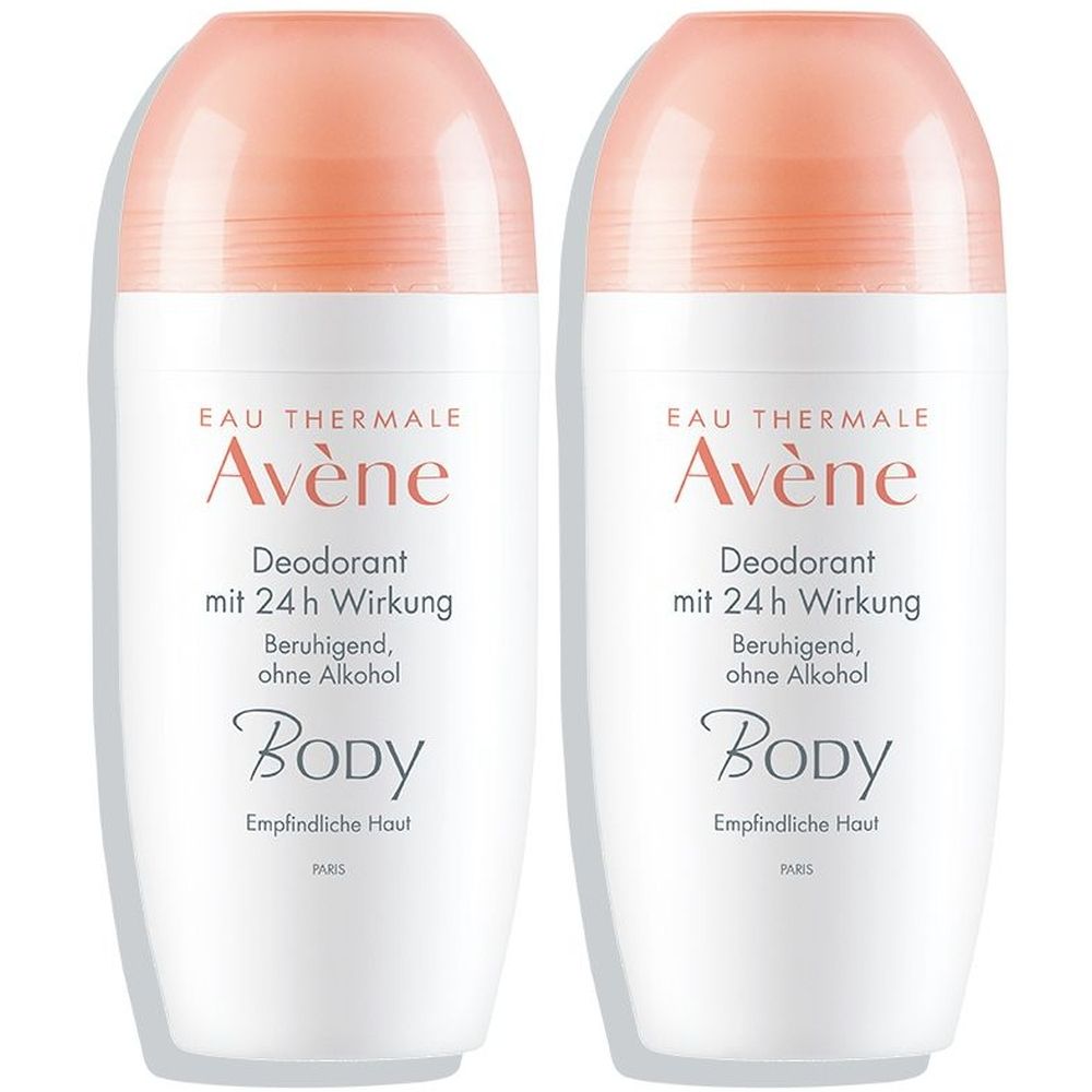 Zwei Roll-On-Deodorants. Weiße Flaschen mit rosafarbenen Kappen. Aufschrift: Avène, Deodorant mit 24h Wirkung, Body, für empfindliche Haut.