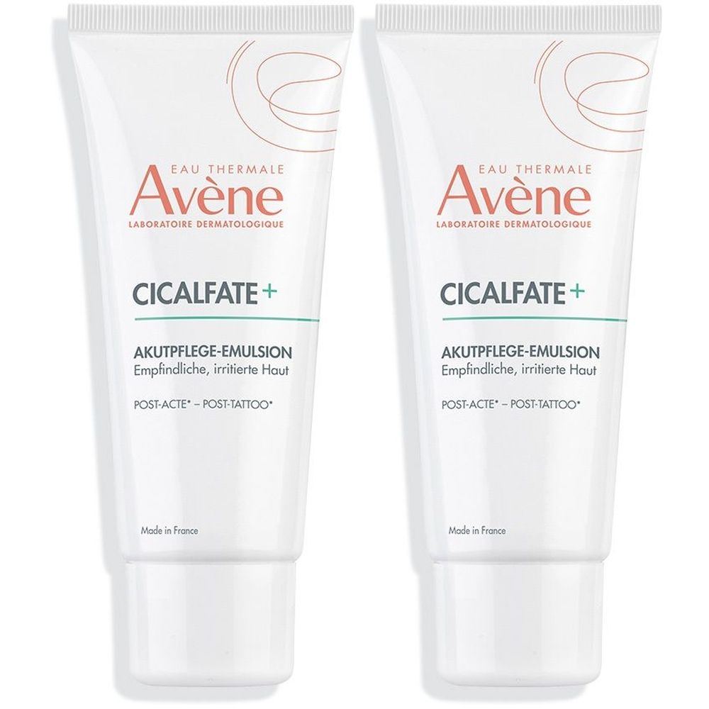 Zwei weiße Tuben Avène Cicalfate+ Akutpflege-Emulsion. Text: „Empfindliche, irritierte Haut“. Made in France.