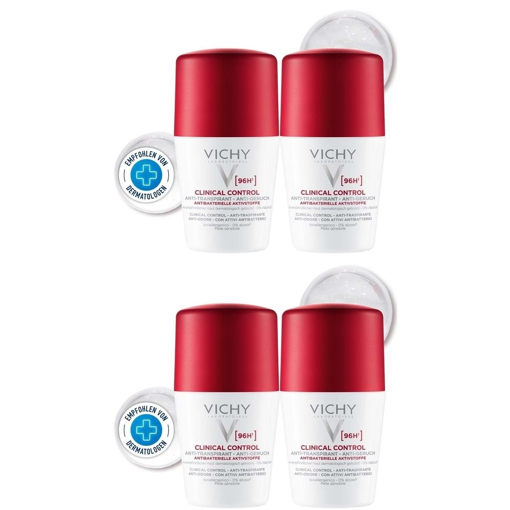 Vier Deodorant-Roller mit rotem Deckel und weißem Korpus. Aufschrift: VICHY, CLINICAL CONTROL. Mit Dermatologen-Empfehlung.