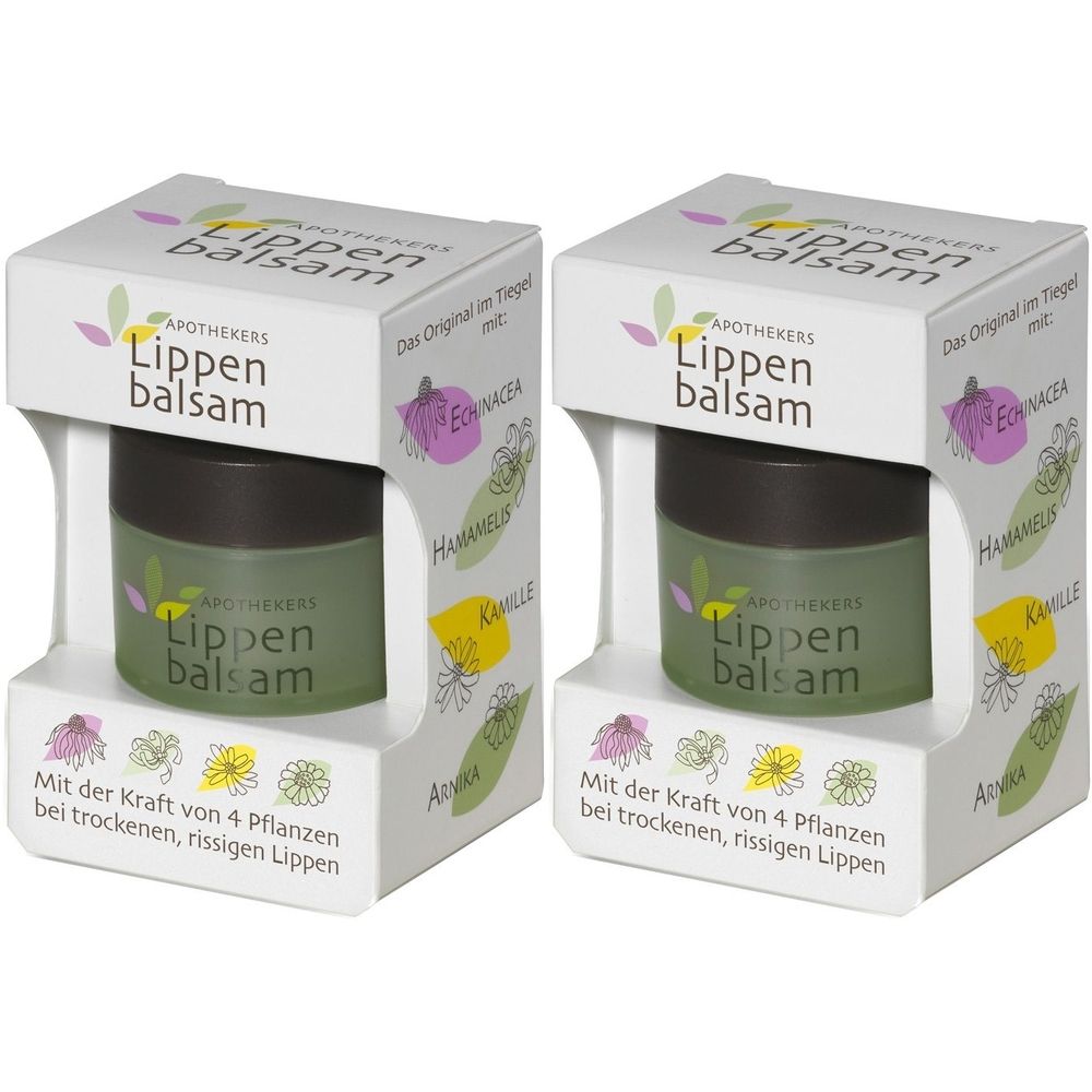Zwei Tiegel Lippenbalsam in Verpackung. Aufschrift: Apothekers Lippenbalsam. Mit Pflanzenkraft für trockene Lippen.