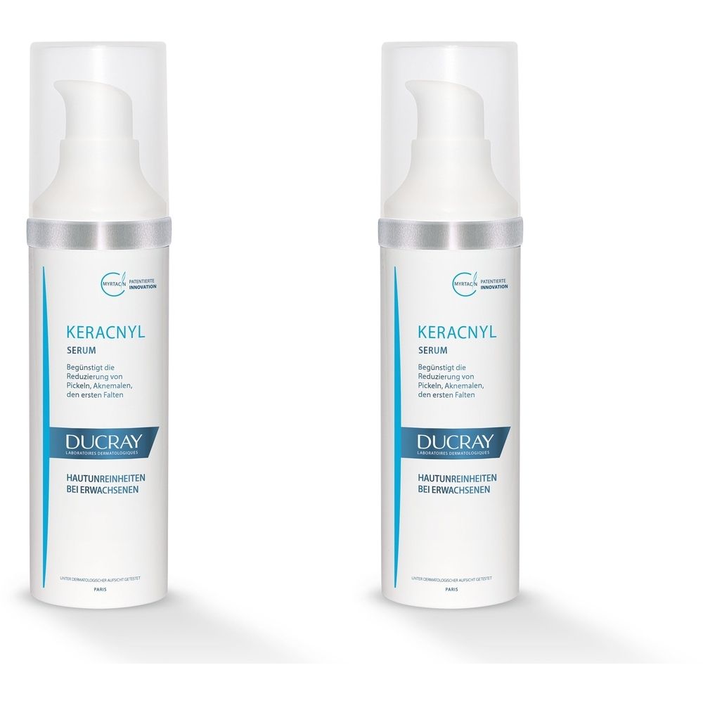 Zwei weiße Flaschen mit Pumpaufsatz. Aufschrift: KERACNYL Serum, DUCRAY. Für unreine Haut bei Erwachsenen.