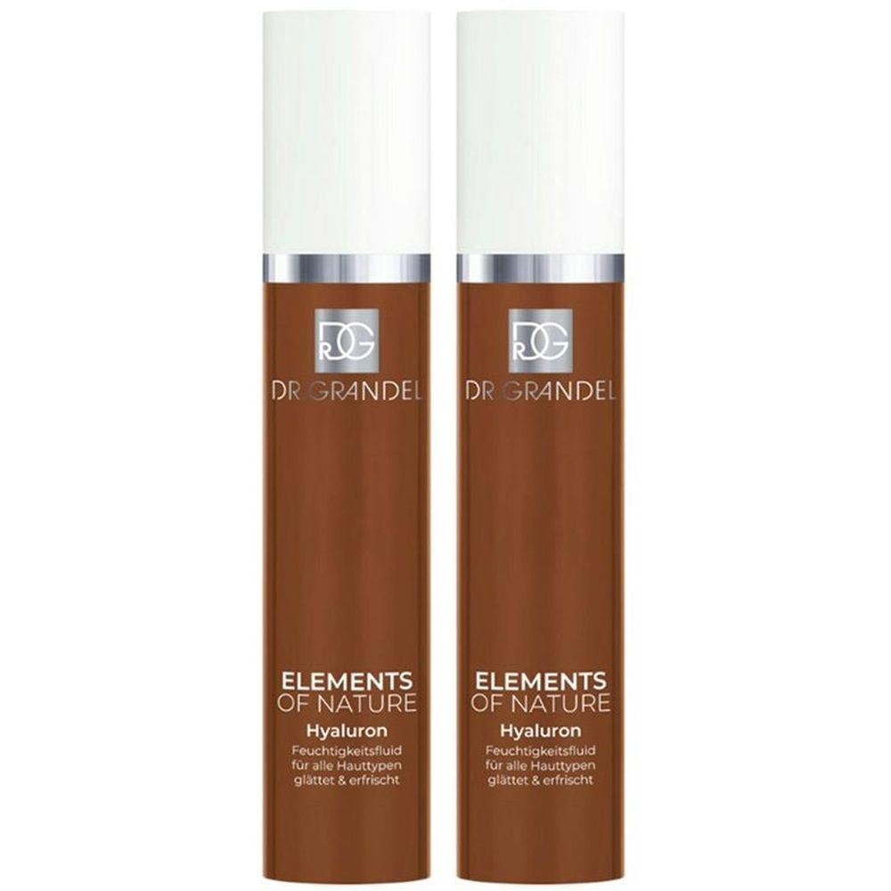 Zwei braune Flaschen mit weißem Deckel. Aufschrift: DR GRANDEL, ELEMENTS OF NATURE Hyaluron. Für alle Hauttypen.