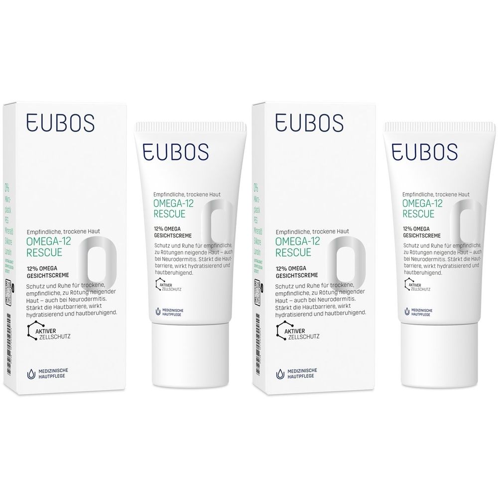 Mehrere Tuben und Faltschachteln. Aufschrift: EUBOS OMEGA-12 RESCUE 12% OMEGA GESICHTSCREME. Weiße Verpackung mit blauer Schrift.