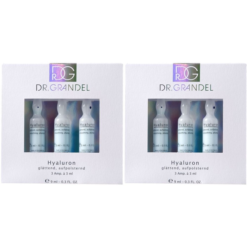 Zwei weiße Kartons mit je drei Ampullen. Aufschrift: DR. GRANDEL, Hyaluron, glättend, aufpolsternd.