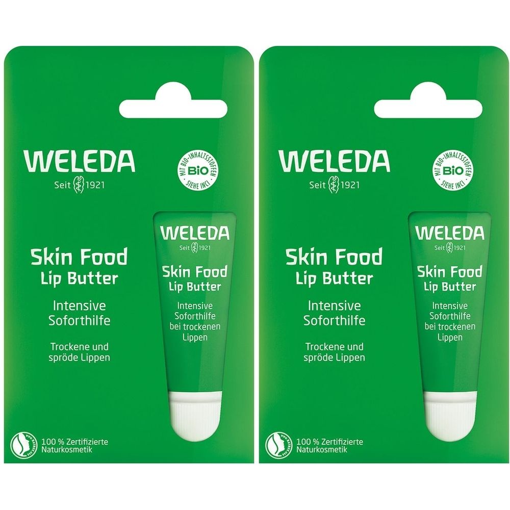 Zwei grüne Verpackungen mit Lippenbalsam. Aufschrift: Weleda Skin Food Lip Butter. Bio-Zertifizierung. 100% zertifizierte Naturkosmetik.