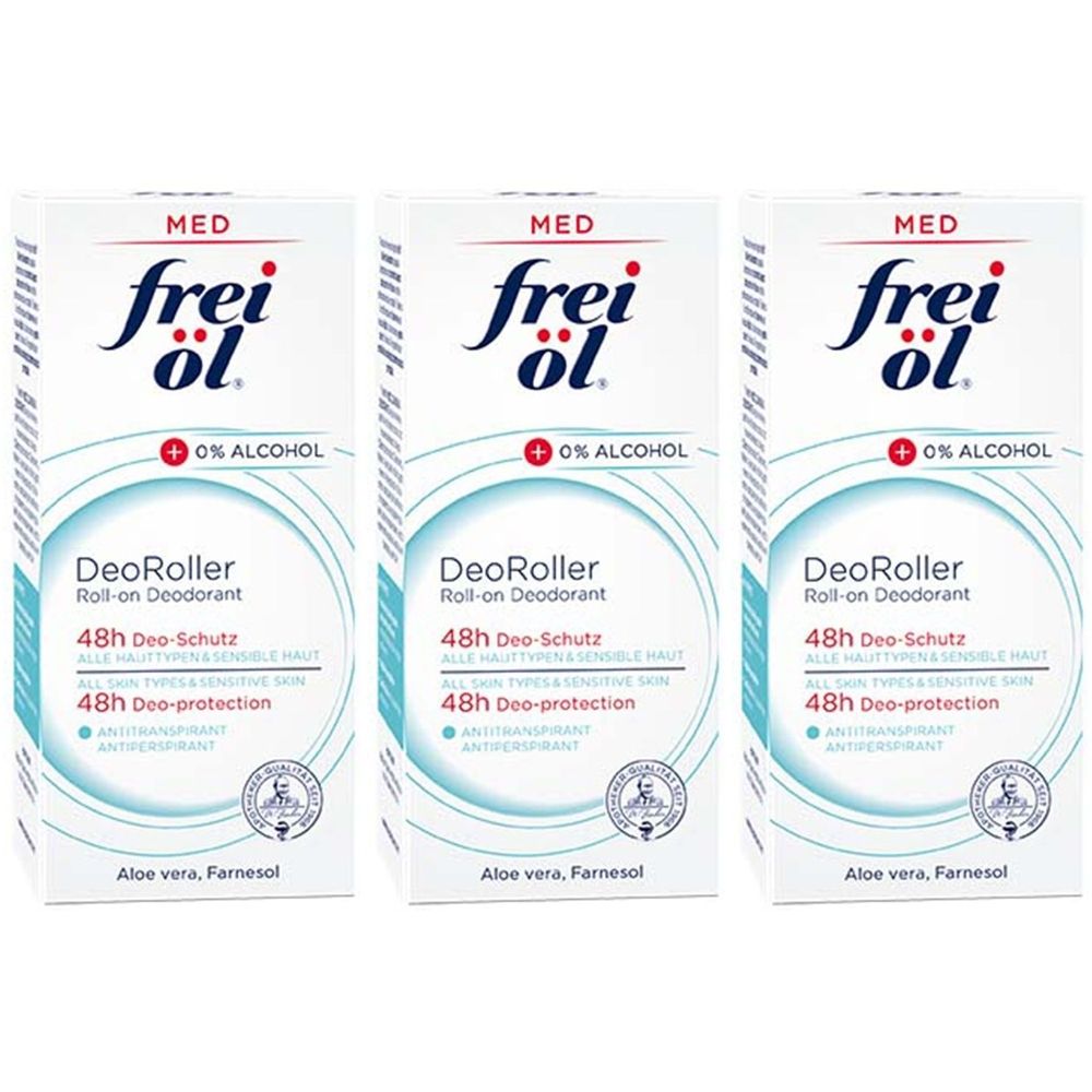 Drei Kartons mit Roll-on-Deodorant. Aufschrift: frei öl, DeoRoller, 48h Deo-Schutz, 0% Alkohol. Weiße Verpackung mit blauen und roten Akzenten.