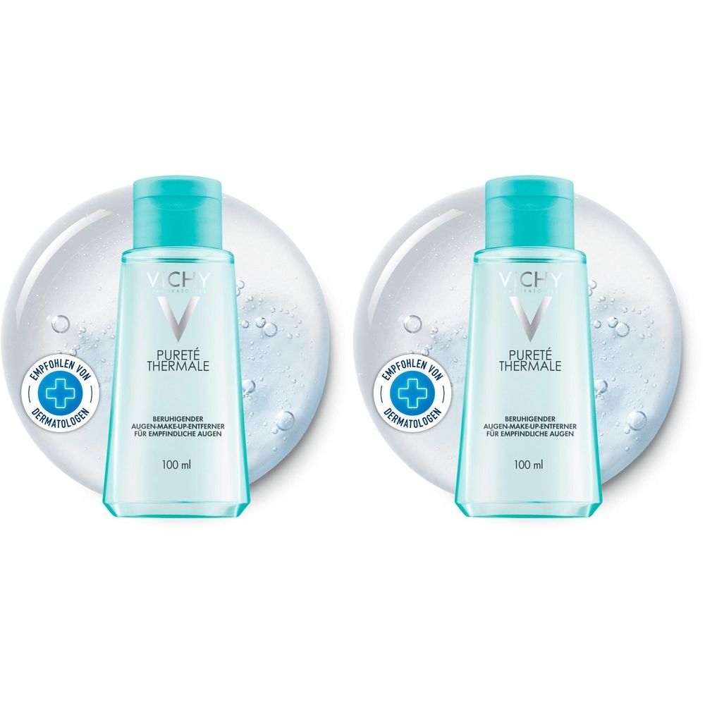 Zwei Flaschen Augen-Make-up-Entferner. Hellblaue Flaschen mit türkisfarbenem Deckel. Aufschrift: Vichy Pureté Thermale. Empfohlen für Dermatologen.