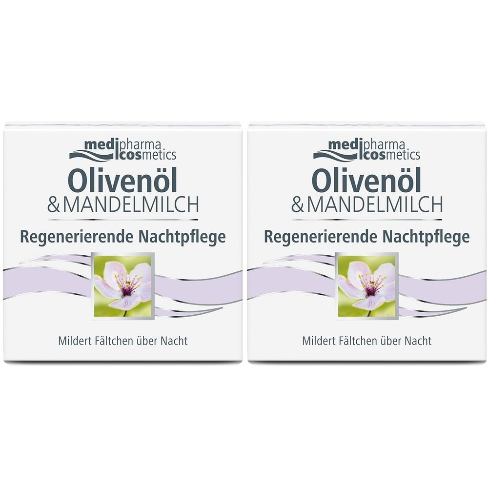 Zwei quadratische Verpackungen. Aufschrift: Olivenöl & Mandelmilch Regenerierende Nachtpflege. Abbildung einer Blüte. Text: Mildert Fältchen über Nacht.