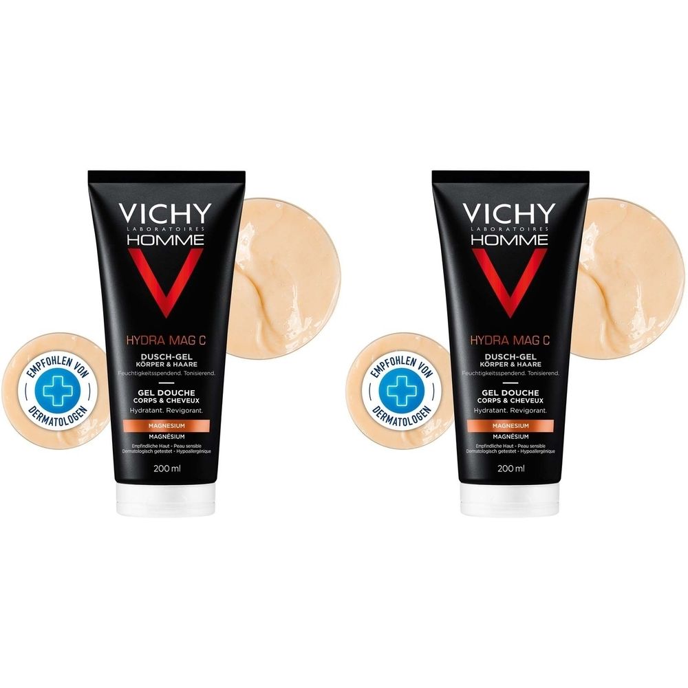 Zwei schwarze Tuben mit weißer Schrift. Aufschrift: VICHY HOMME, HYDRA MAG C, Dusch-Gel. Daneben zwei Kleckse beigefarbener Creme.