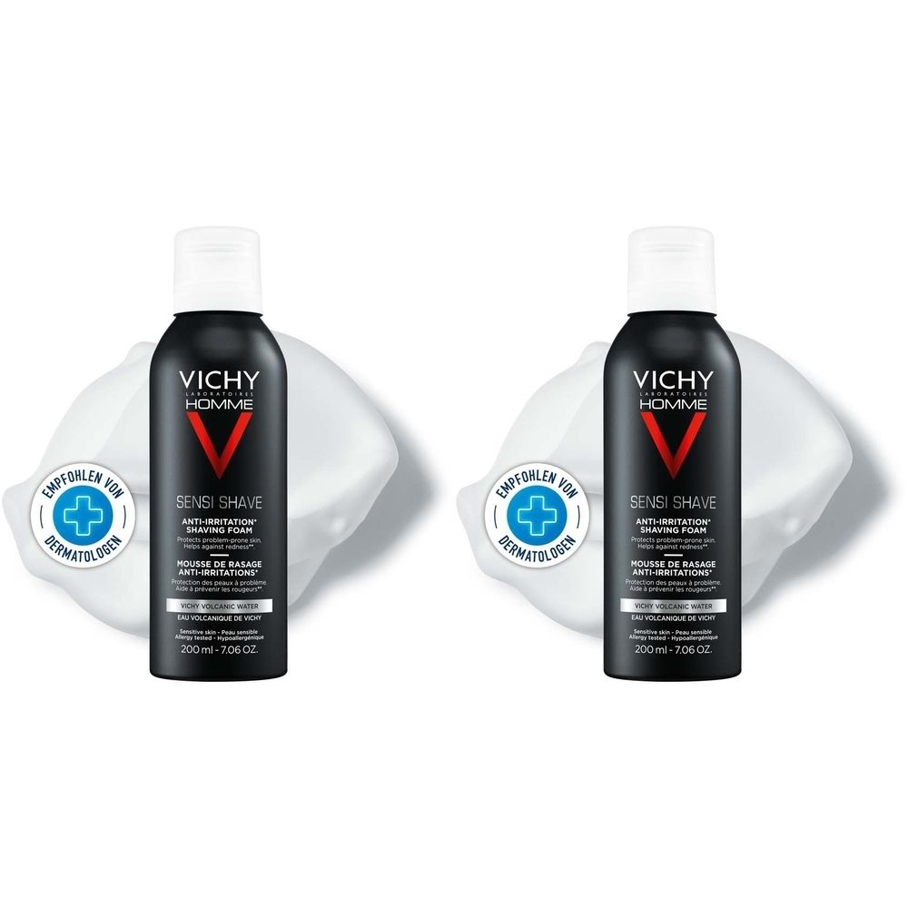 Zwei schwarze Flaschen mit weißem Deckel und Etikett. Auf dem Etikett steht VICHY HOMME, SENSI SHAVE und ein rotes V. Darunter Text.
