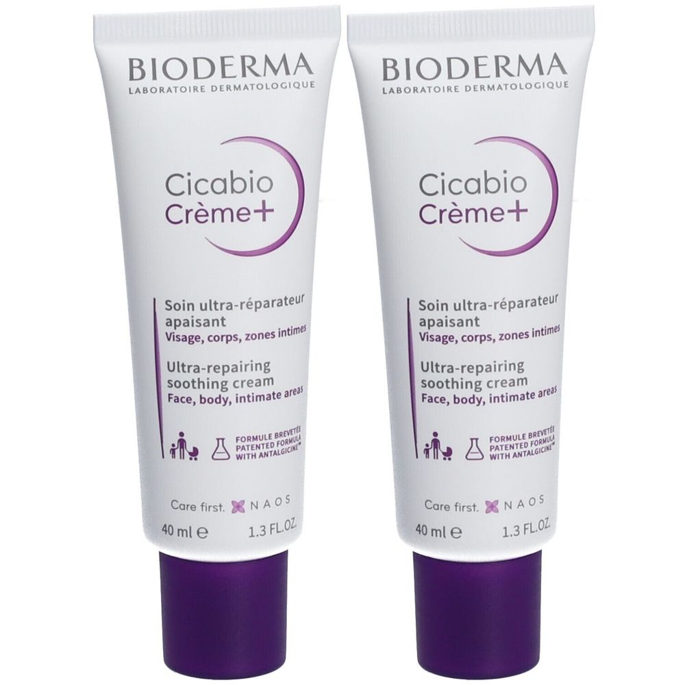 Zwei Tuben BIODERMA Cicabio Crème+. Weiße Tuben mit lila Schrift und Verschluss. Text: Ultra-repairing soothing cream. 40 ml.
