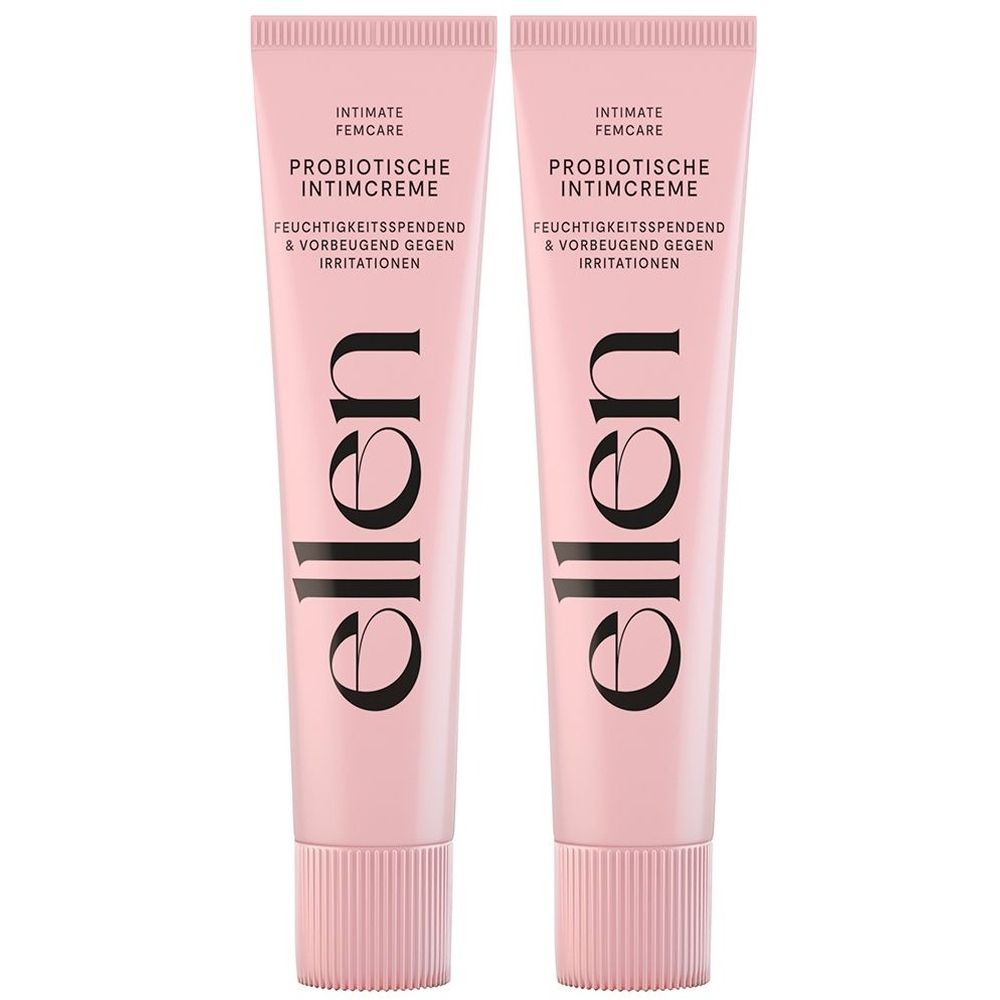 Zwei rosa Tuben mit schwarzer Schrift. Aufschrift: ellen® Probiotische Intimcreme. Text: Feuchtigkeitspendend & vorbeugend gegen Irritationen.