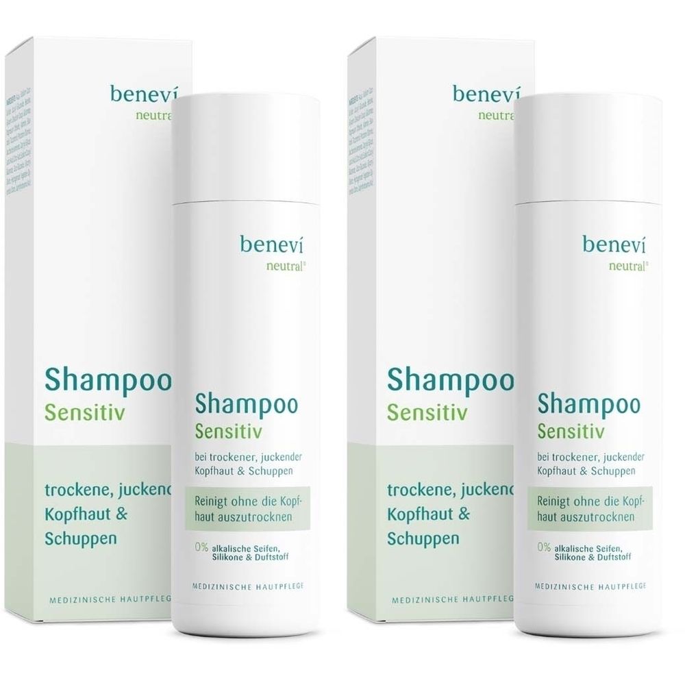 Zwei Shampoo-Flaschen und -Verpackungen. Aufschrift: benevi neutral, Shampoo Sensitiv. Für trockene, juckende Kopfhaut und Schuppen.