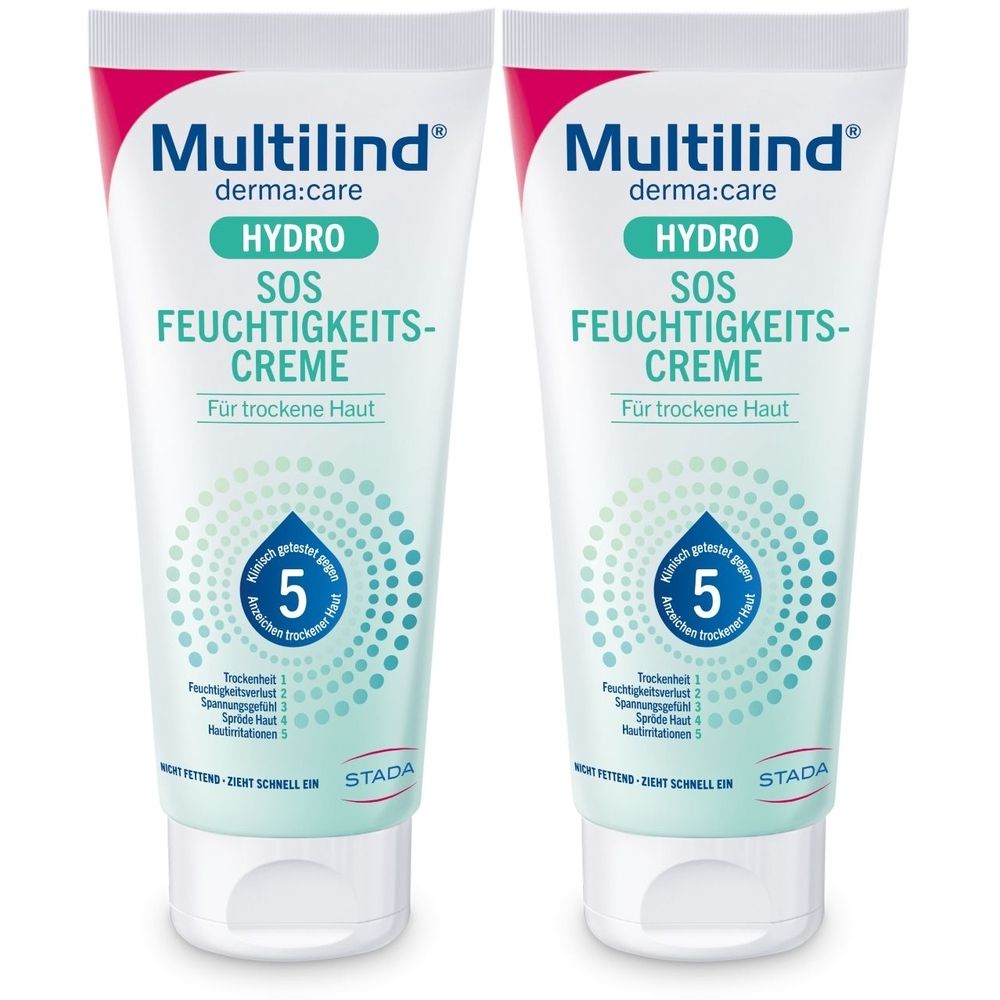 Zwei Tuben Multilind derma:care HYDRO SOS Feuchtigkeitscreme. Weiße Tuben mit blauer und grüner Beschriftung. Aufschrift: Für trockene Haut.
