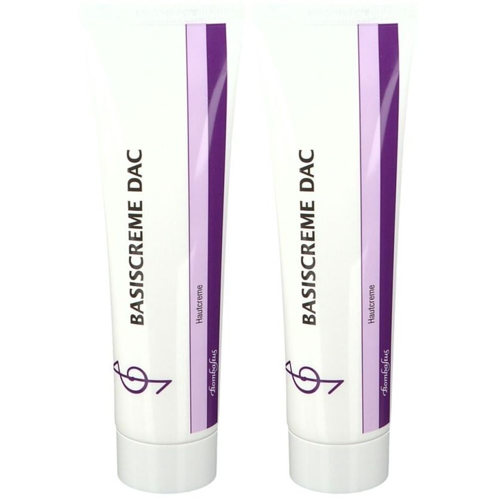 Zwei Tuben Basiscreme DAC. Weiße Tuben mit lila Streifen und Schriftzug. Aufschrift: BASISCREME DAC, Hautcreme, Bombastus.