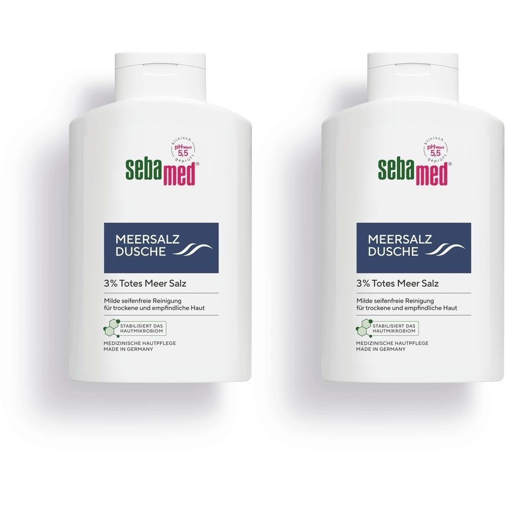Zwei weiße Flaschen mit Klappverschluss. Aufschrift: sebamed, Meersalz Dusche, 3% Totes Meer Salz. Medizinische Hautpflege.