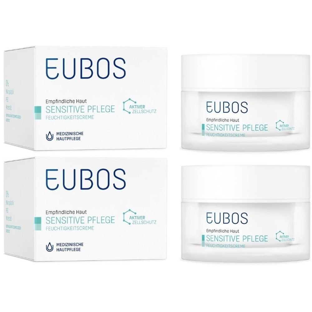 Zwei Cremes und zwei Kartons. Aufschrift: EUBOS, Sensitive Pflege, Feuchtigkeitscreme. Medizinische Hautpflege.