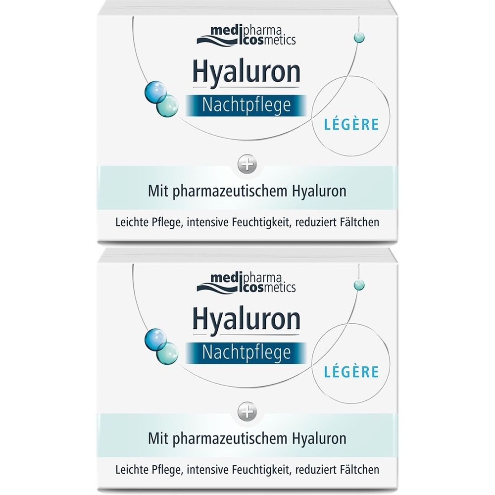 Zwei weiße Faltschachteln. Aufschrift: medipharma cosmetics Hyaluron Nachtpflege légère. Mit pharmazeutischem Hyaluron.
