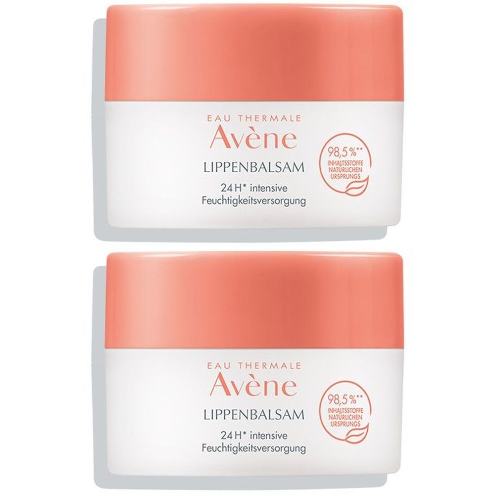 Zwei Tiegel Lippenbalsam. Weißer Behälter mit rosa Deckel. Aufschrift: Avène, Lippenbalsam, 24h intensive Feuchtigkeitsversorgung.