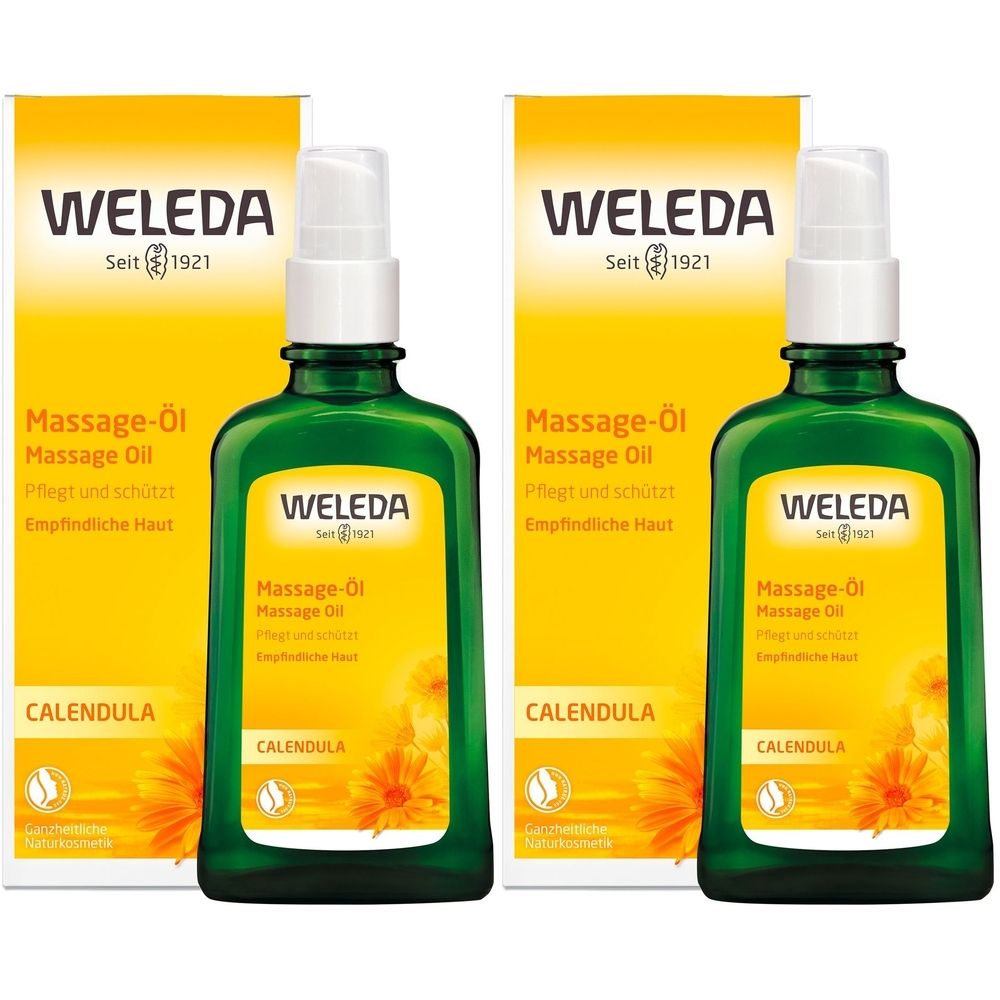Zwei grüne Flaschen mit weißem Sprühkopf und gelber Verpackung. Aufschrift: WELEDA, Massage-Öl, Calendula.