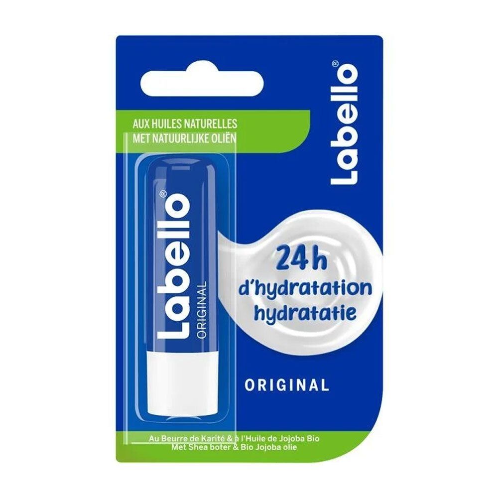 Labello Original Lippenpflege in Blisterverpackung. Blaue Hülle mit weißem Stift. Aufschrift: Labello, 24h Hydratation.