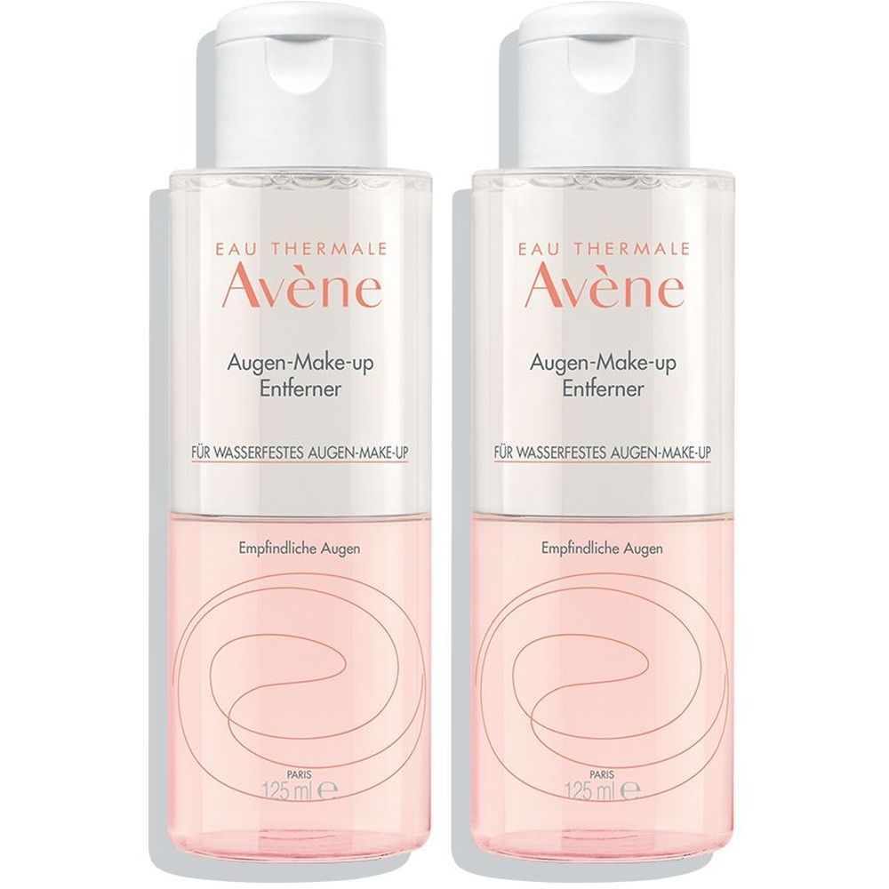 Zwei Flaschen Augen-Make-up-Entferner. Weißer Deckel, transparente Flasche mit rosa Flüssigkeit. Text: Avène, Augen-Make-up Entferner.