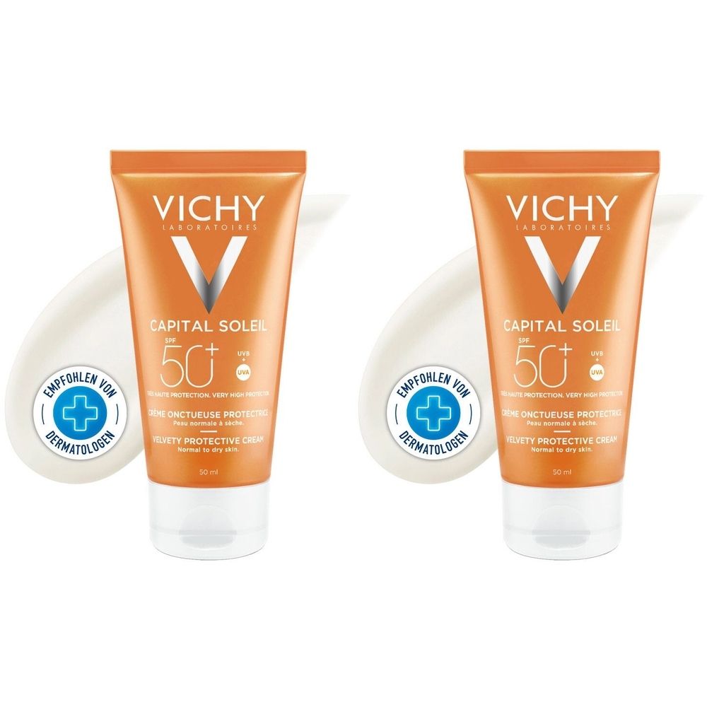 Zwei Tuben Sonnencreme mit orangefarbenem Deckel. Aufschrift: VICHY CAPITAL SOLEIL 50+. Empfohlen von Dermatologen.