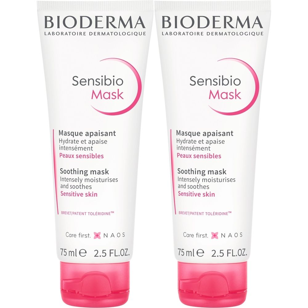 Zwei Tuben BIODERMA Sensibio Mask. Weiße Tuben mit rosa Akzenten. Text: Sensibio Mask, beruhigende Maske für empfindliche Haut.