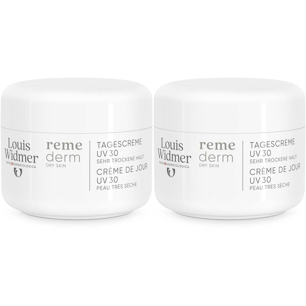 Zwei weiße Cremetiegel mit Aufschrift Louis Widmer remederm Tagescreme UV 30. Text in Deutsch und Französisch.