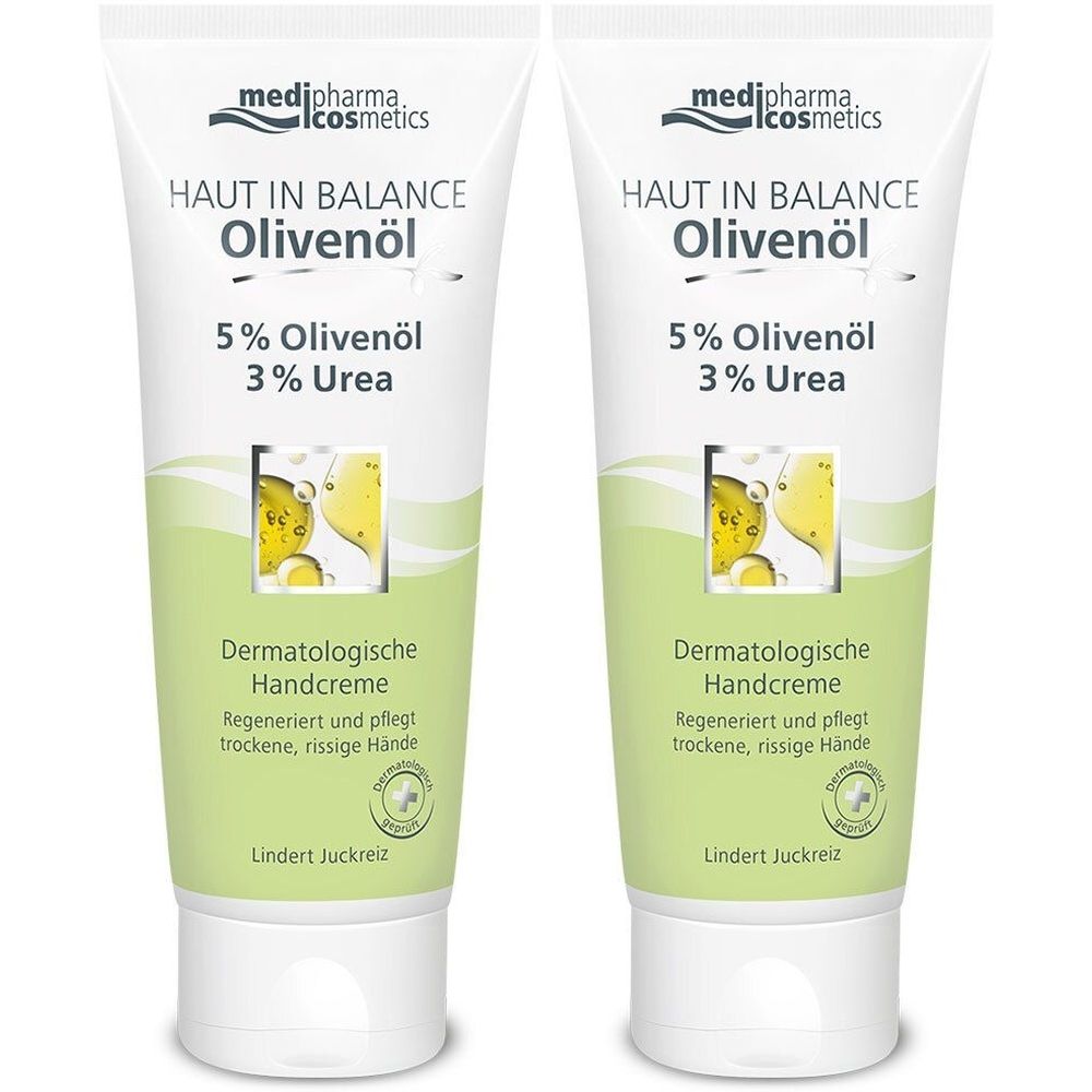 Zwei Tuben Handcreme. Aufschrift: HAUT IN BALANCE Olivenöl, 5% Olivenöl, 3% Urea. Dermatologische Handcreme. Lindert Juckreiz.