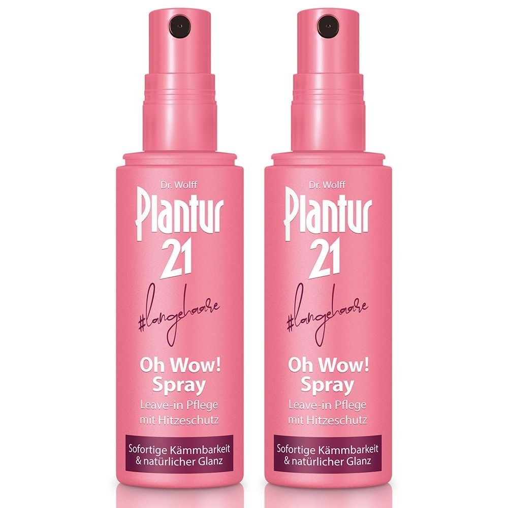 Zwei rosa Sprühflaschen. Aufschrift: Plantur 21 Oh Wow! Spray. Mit Hitzeschutz. Sofortige Kämmbarkeit & natürlicher Glanz.