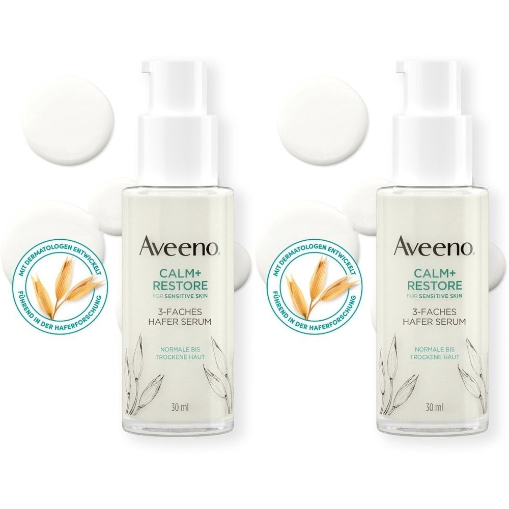 Zwei Flaschen Serum mit weißem Pumpkopf. Aufschrift: Aveeno CALM+RESTORE, 3-faches Hafer Serum. Für normale bis trockene Haut. 30 ml.