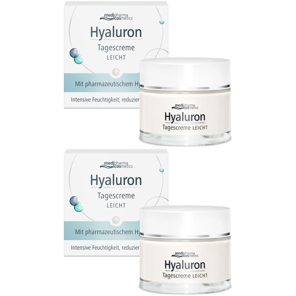 Zwei Tiegel und zwei Faltschachteln. Aufschrift: Hyaluron Tagescreme LEICHT. Mit pharmazeutischem Hyaluron. Weiße Tiegel mit weißem Deckel.