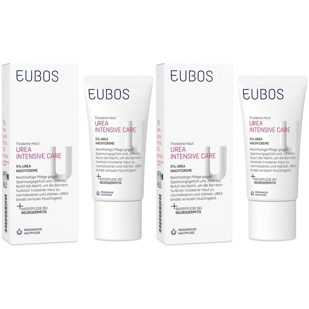 Zwei Tuben und zwei Faltschachteln. Aufschrift: EUBOS, UREA INTENSIVE CARE, 5% UREA Nachtcreme.