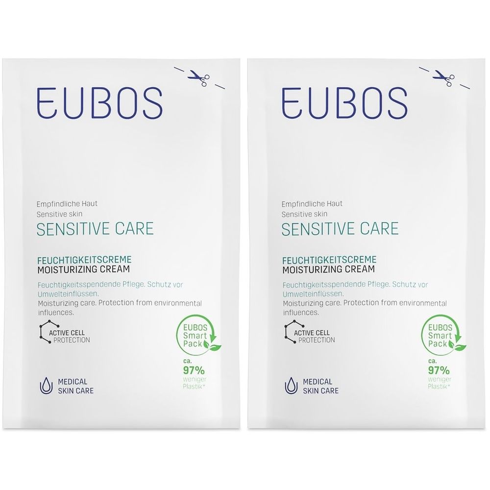 Zwei weiße Beutel mit Aufschrift EUBOS SENSITIVE CARE. Text: Feuchtigkeitscreme, Active Cell Protection, Medical Skin Care. Smart Pack.