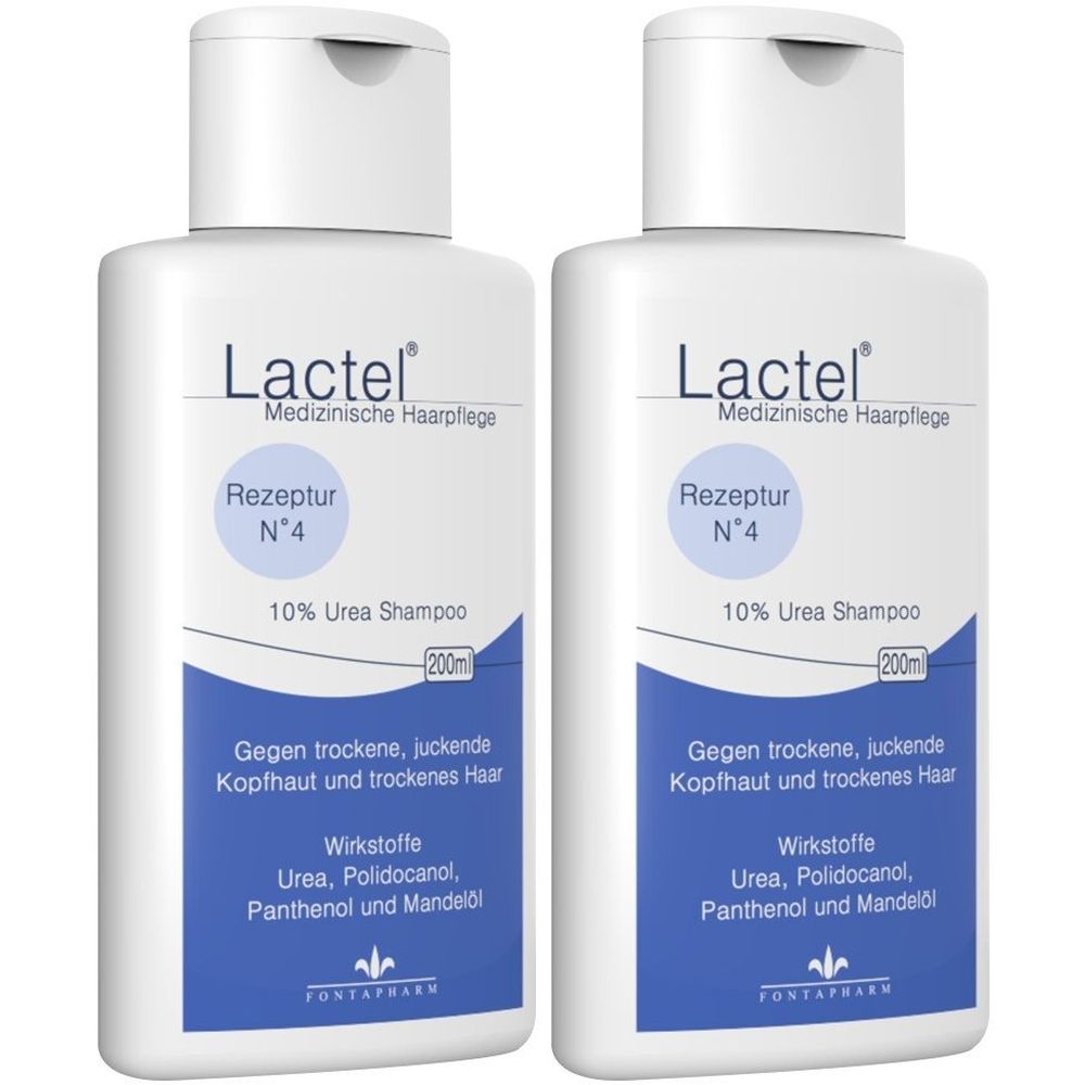 Zwei weiße Flaschen Lactel Shampoo. Aufschrift: Rezeptur N°4, 10% Urea Shampoo. Blaue Schrift: Gegen trockene, juckende Kopfhaut und trockenes Haar.