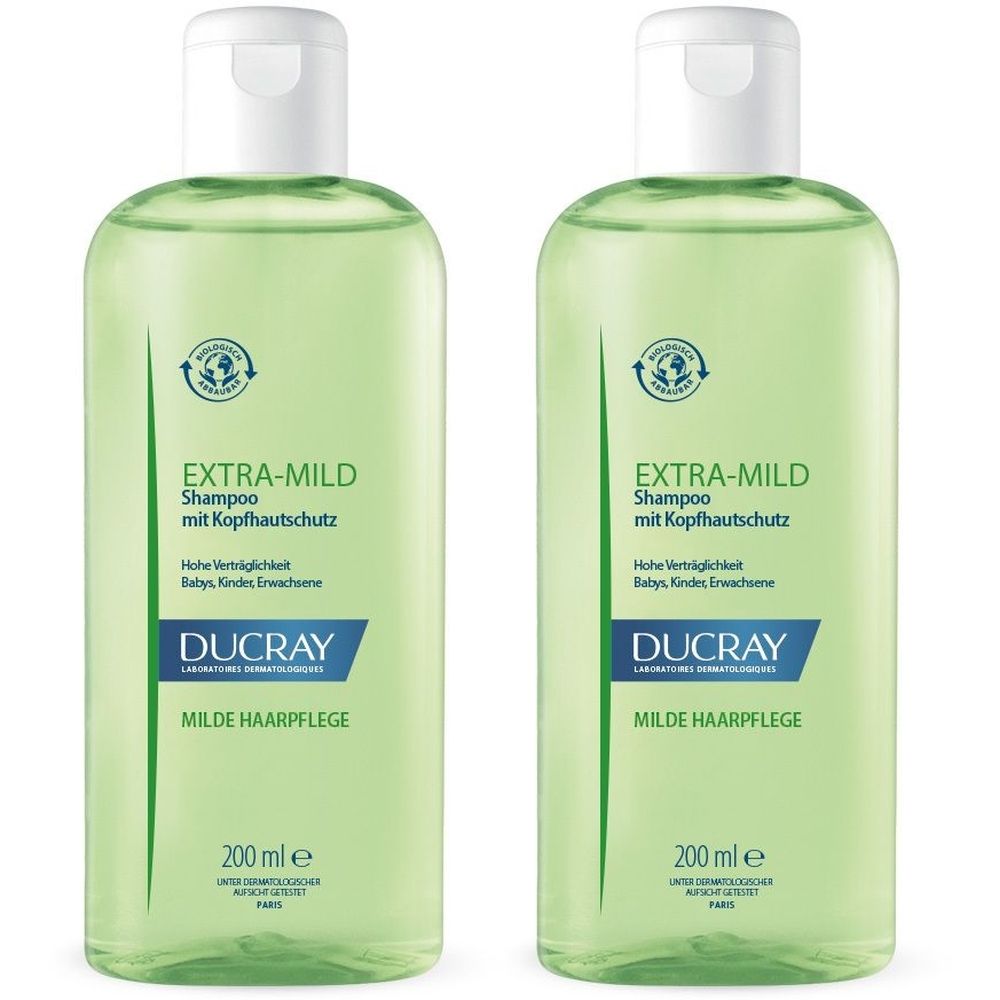 Zwei grüne Shampoo-Flaschen mit weißem Deckel. Aufschrift: EXTRA-MILD Shampoo, DUCRAY. 200 ml.