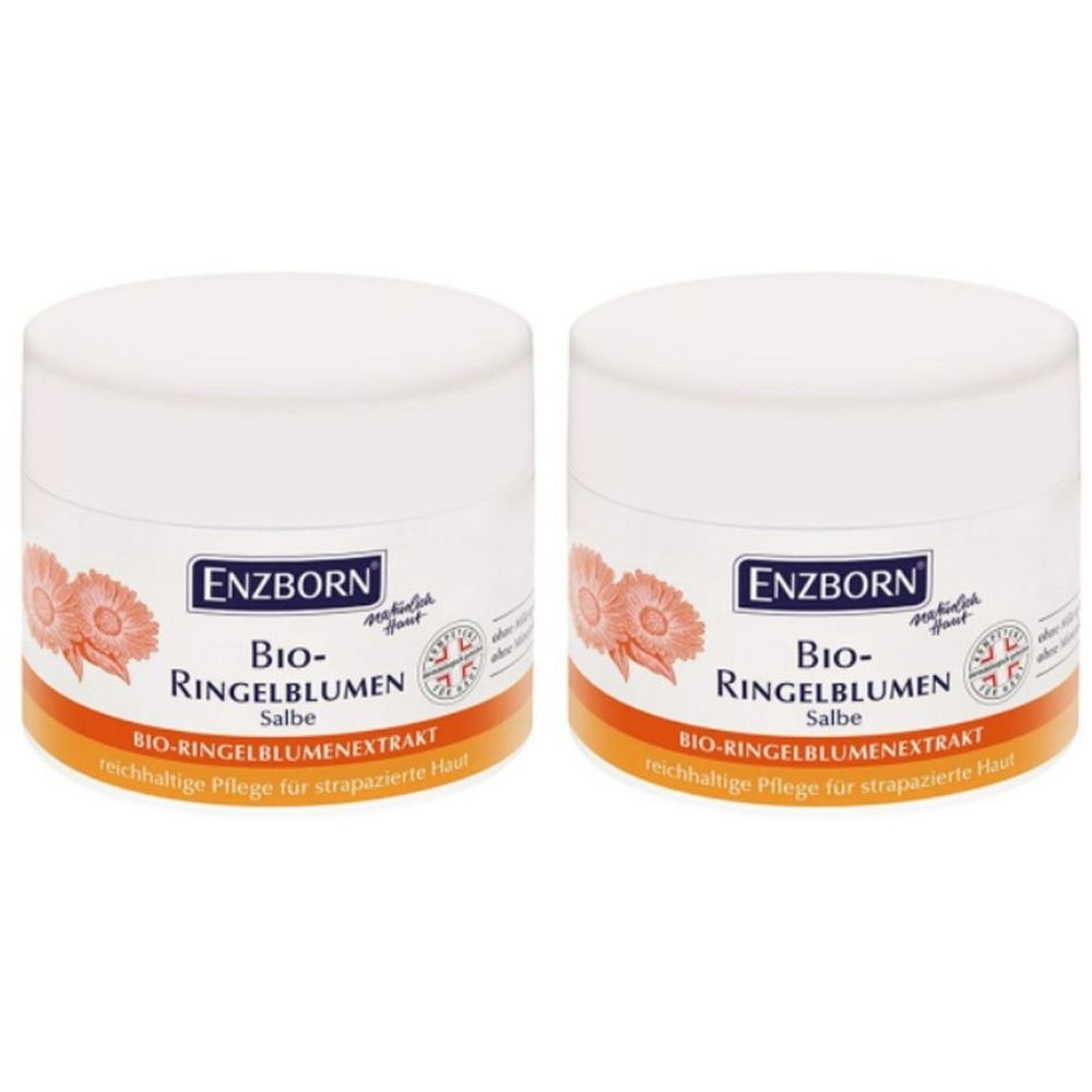 Zwei weiße Tiegel mit Deckel. Aufschrift: ENZBORN Bio-Ringelblumen Salbe. Orangefarbener Streifen mit Text. Logo mit Blume.