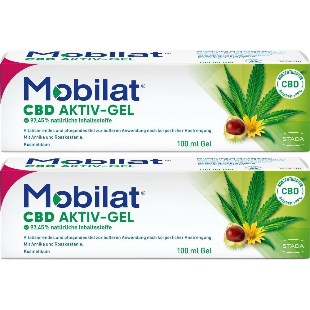 Zwei Tuben Mobilat CBD Aktiv-Gel. Aufschrift: CBD Aktiv-Gel, 97,45% natürliche Inhaltsstoffe, 100 ml Gel. Mit Hanfblatt, Kastanie und Blüte.
