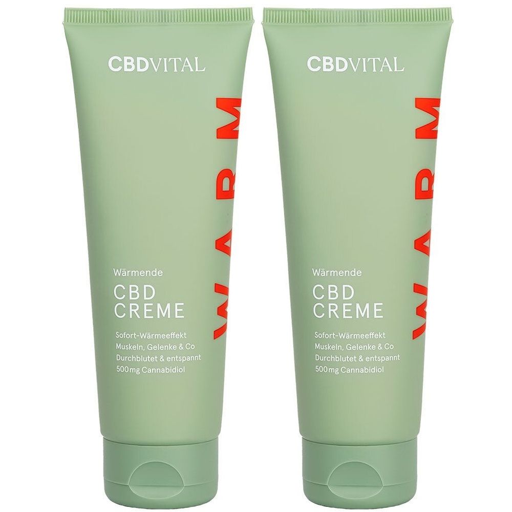 Zwei grüne Tuben mit roter Aufschrift "WARM". Oben "CBDVITAL", darunter "Wärmende CBD Creme".