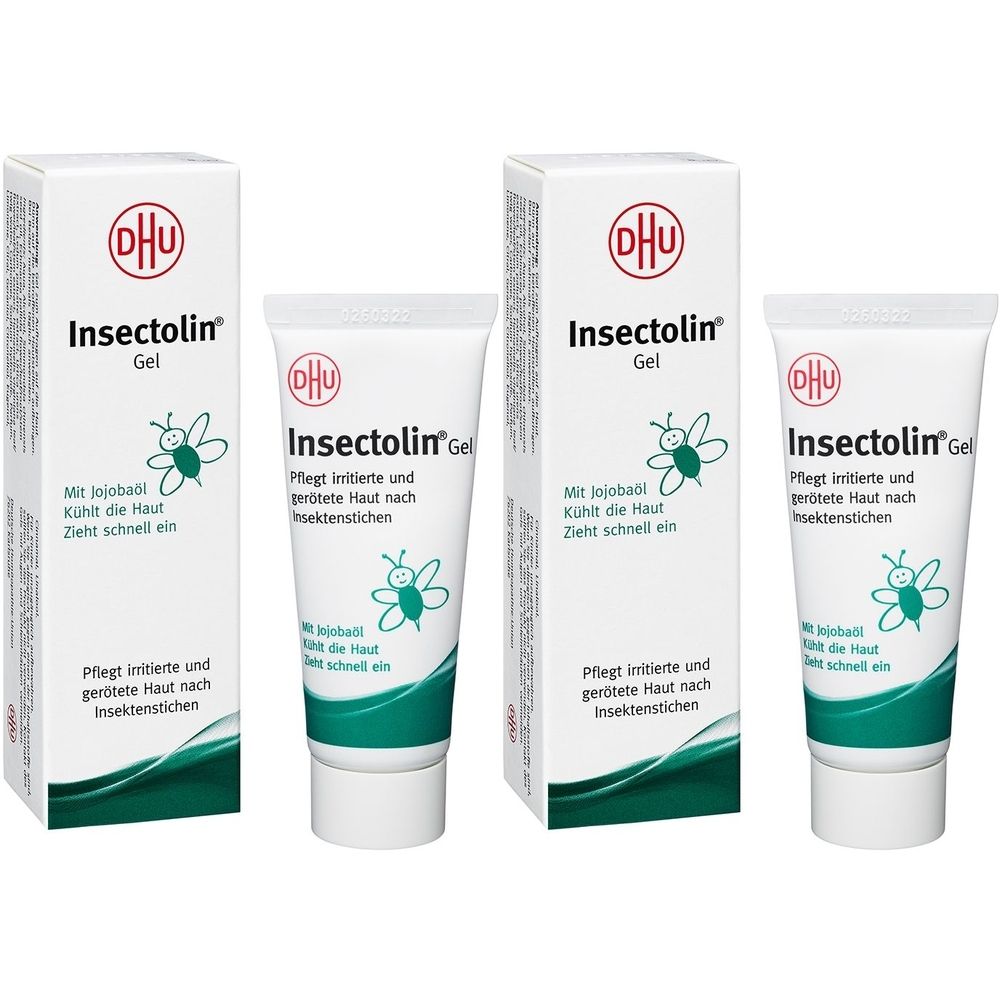 Zwei Tuben und zwei Schachteln DHU Insectolin Gel. Weiße Tuben mit grünem Aufdruck. Schachteln mit Logo und Produktinformationen.