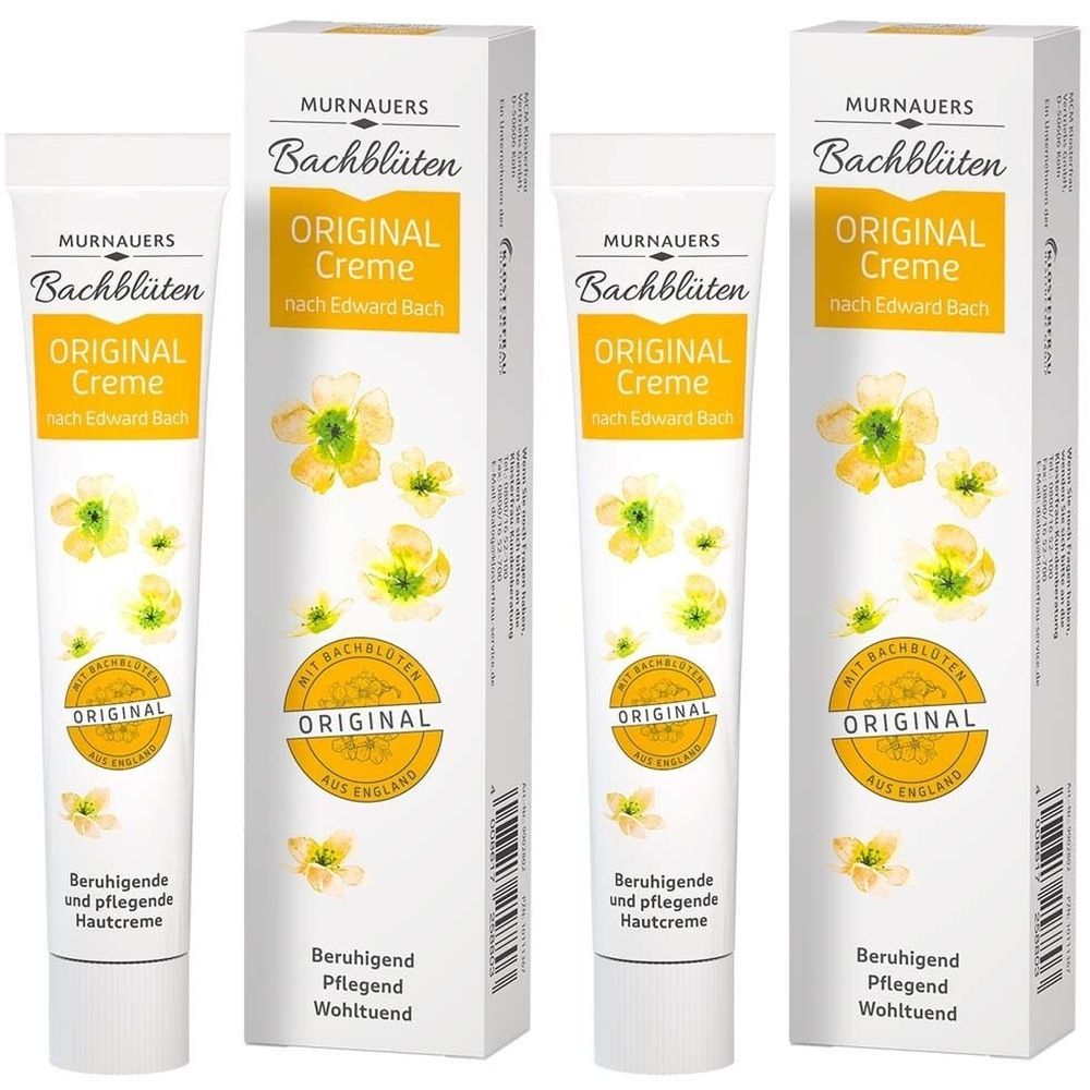 Creme-Tuben und Kartons. Aufschrift: Bachblüten Original Creme. Gelbe Blüten-Illustrationen. Text: Beruhigende und pflegende Hautcreme.