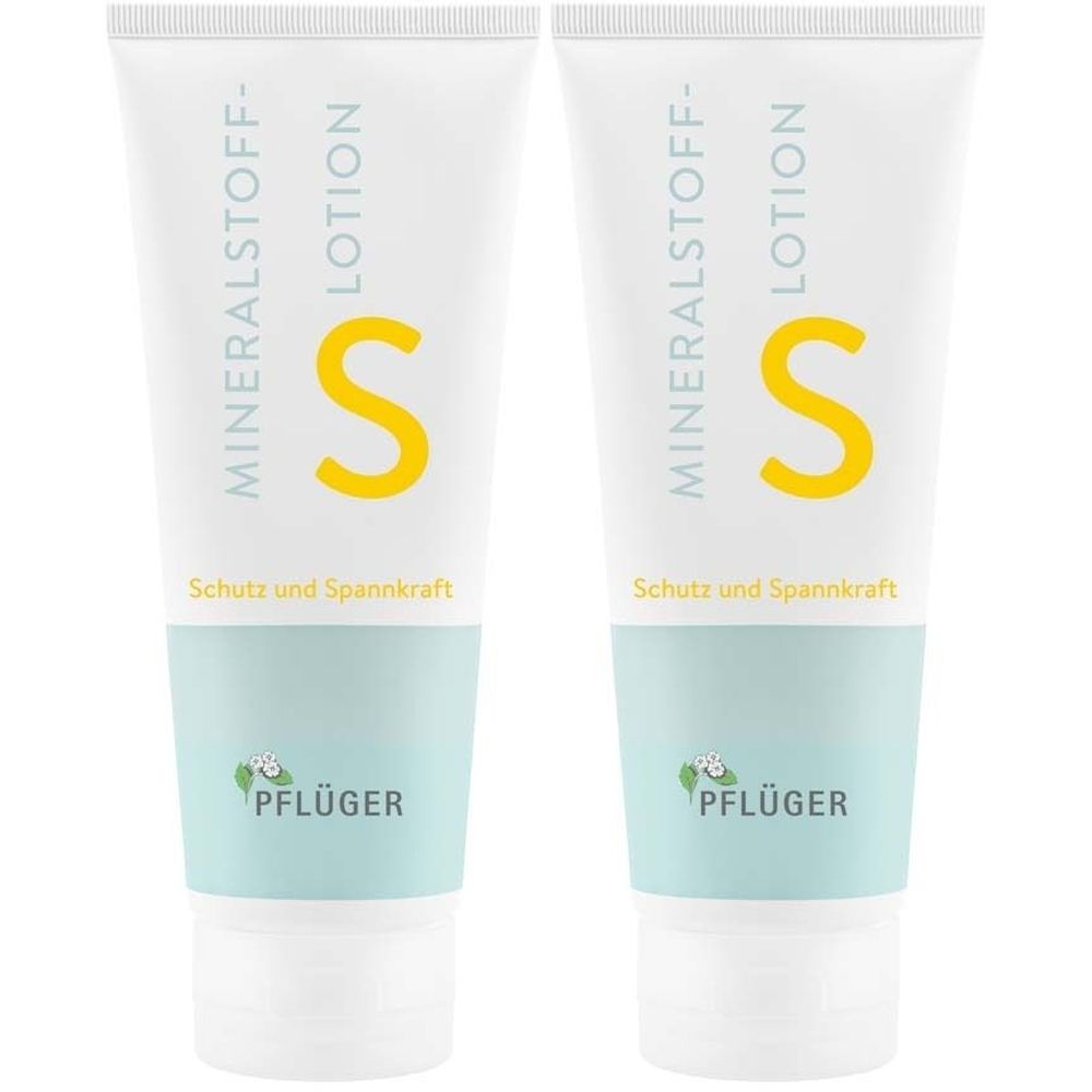 Zwei weiße Tuben mit blauer und gelber Schrift. Aufschrift: Mineralstoff-Lotion, S. Untertitel: Schutz und Spannkraft. Logo: Pflüger.