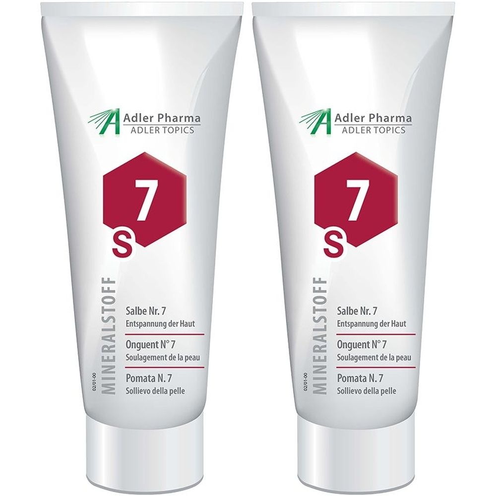 Zwei weiße Tuben MINERALSTOFF Salbe Nr. 7. Roter Aufdruck mit Zahl 7 und Adler Pharma Logo. Text in Deutsch, Französisch und Italienisch.