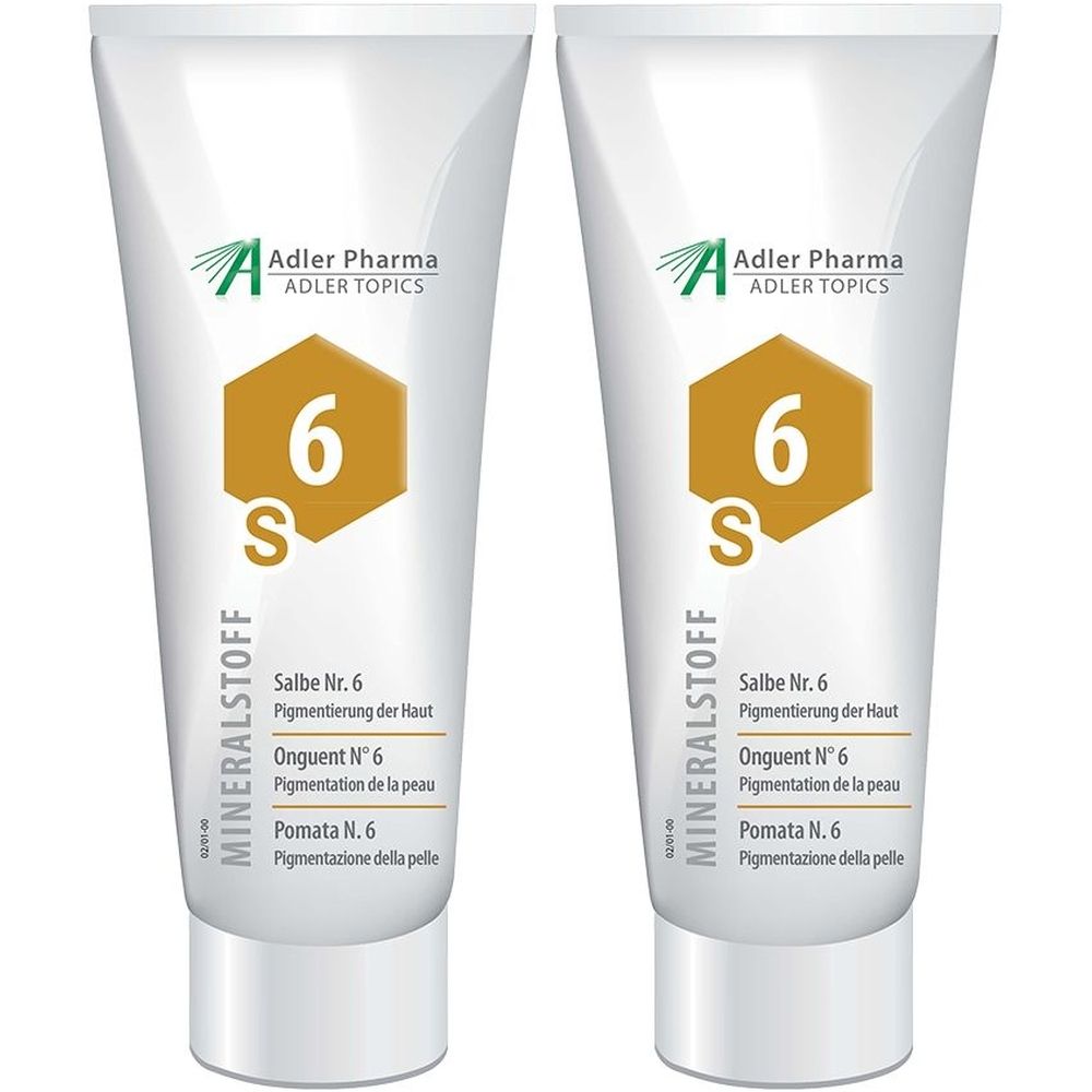 Zwei Tuben MINERALSTOFF Salbe Nr. 6. Weiß, mit gelbem Logo und Produktbezeichnungen in Deutsch, Französisch und Italienisch.