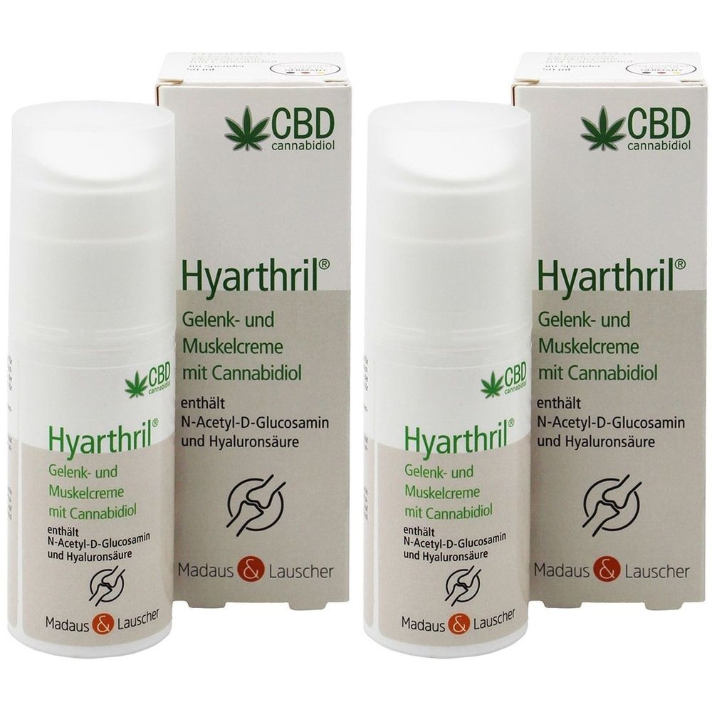 Zwei Tuben und Verpackungen von Hyarthril Gelenk- und Muskelcreme. Aufschrift: CBD, Cannabidiol, enthält N-Acetyl-D-Glucosamin und Hyaluronsäure.